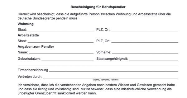 Frontaliers résidant en Allemagne : certificat prouvant la nécessité de traverser la frontière 