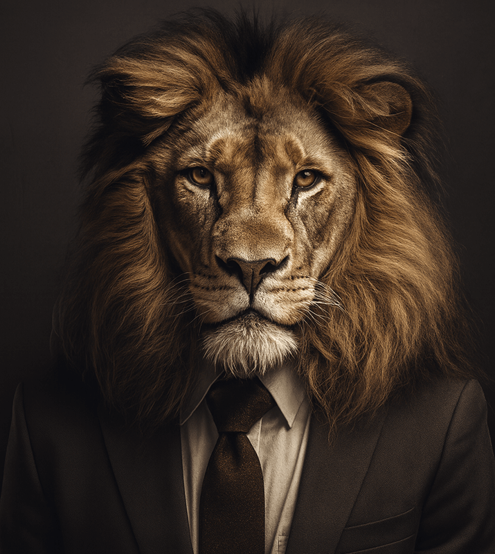 Lion en costume cravate sur fond sombre